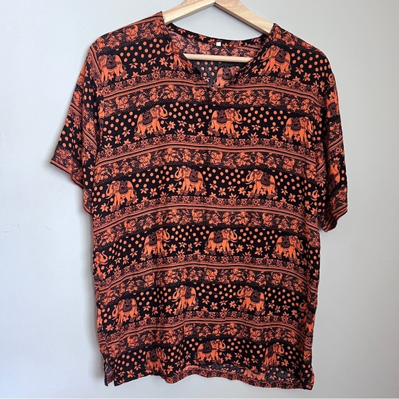 Black and Orange Elephant Print Top Size Large EUC - Picture 1 of 3